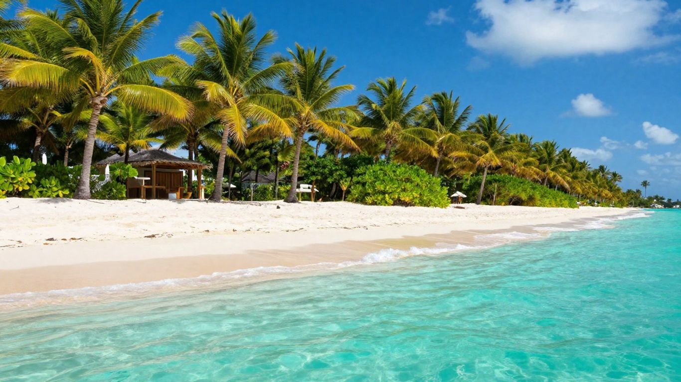 Turquoise Caribbean beach with white sand and palm trees.