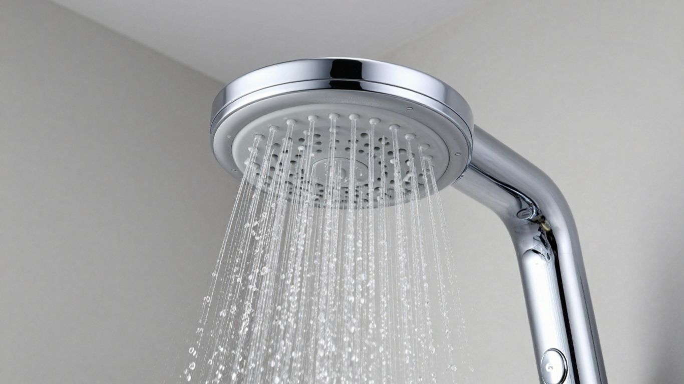 Delta Round Fixed Rain Shower Head with cascading water.