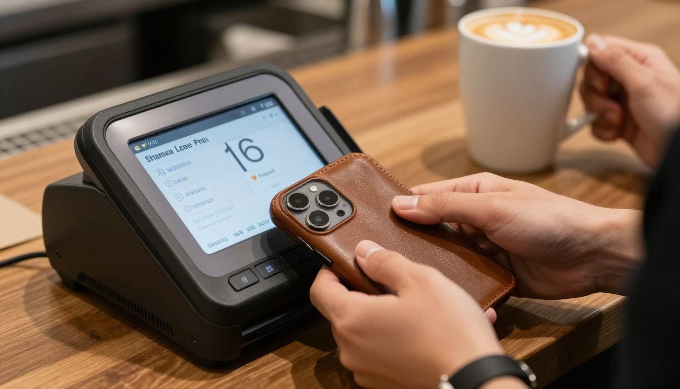 A person in a modern Australian cafe paying for their coffee by tapping their iPhone 16 Pro in a leather wallet case on the payment terminal.