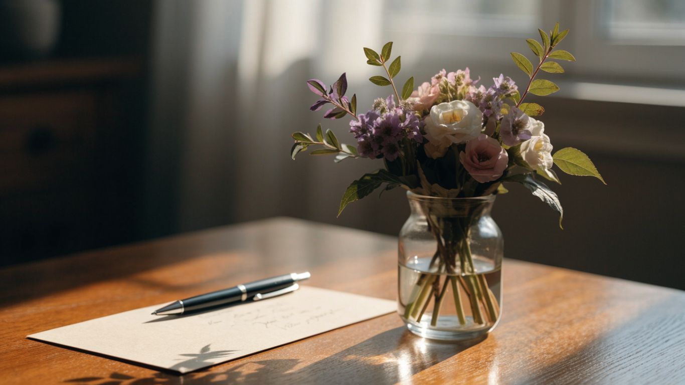 A handwritten note beside a small vase of flowers