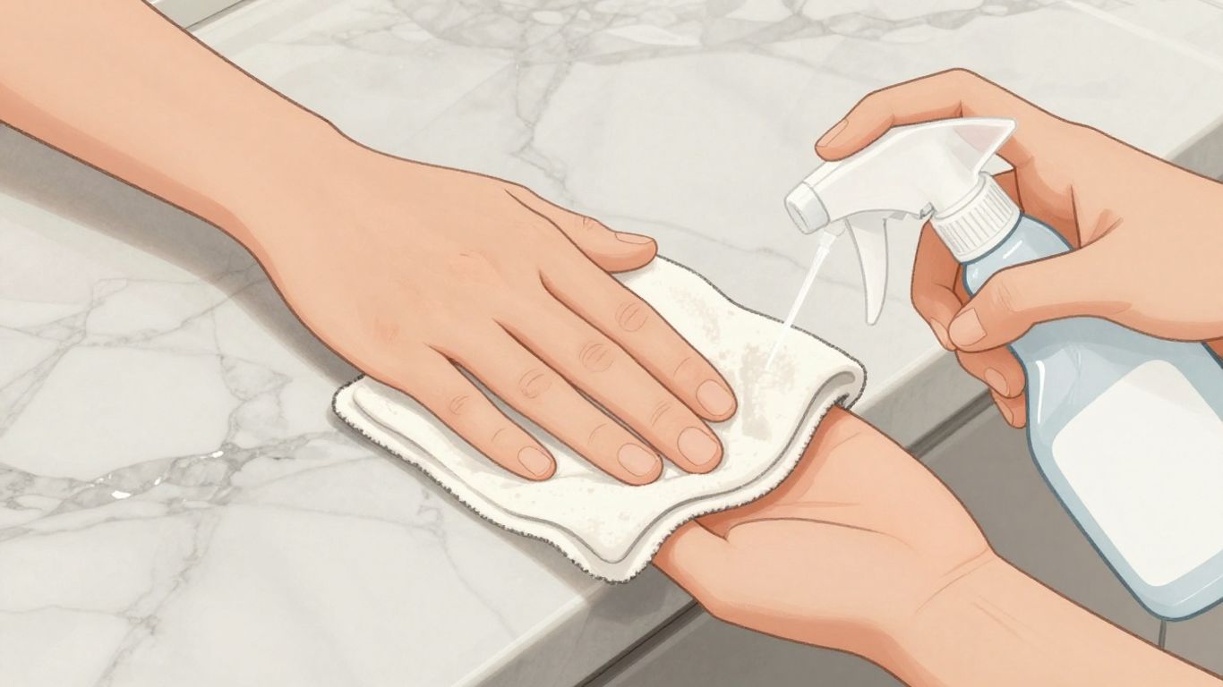 Cleaning marble tiles with a cloth and spray.