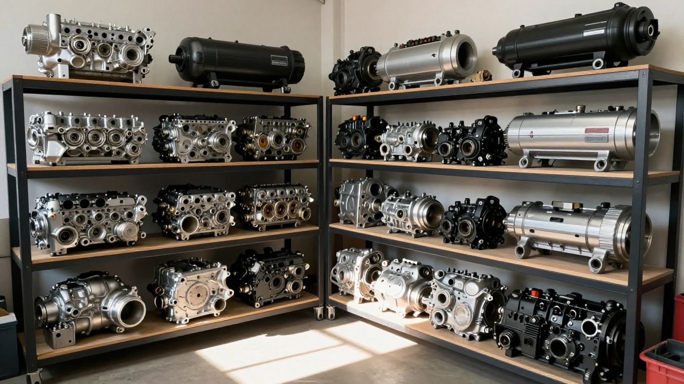 Used Mitsubishi engines and transmissions in a workshop.