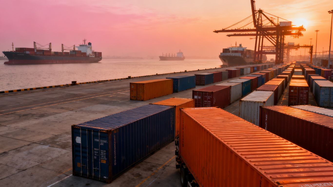 Freight containers being loaded for international shipping from a port