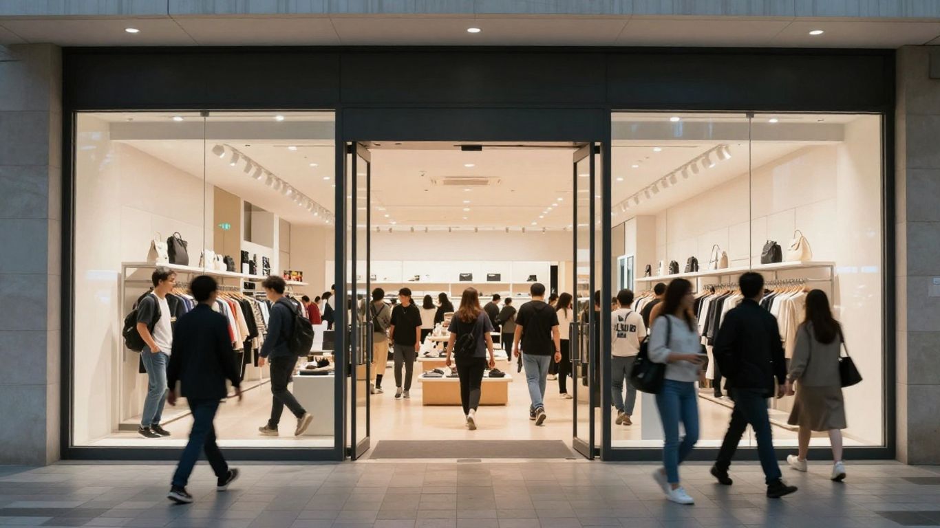 Automatic sliding doors at a busy retail store entrance.