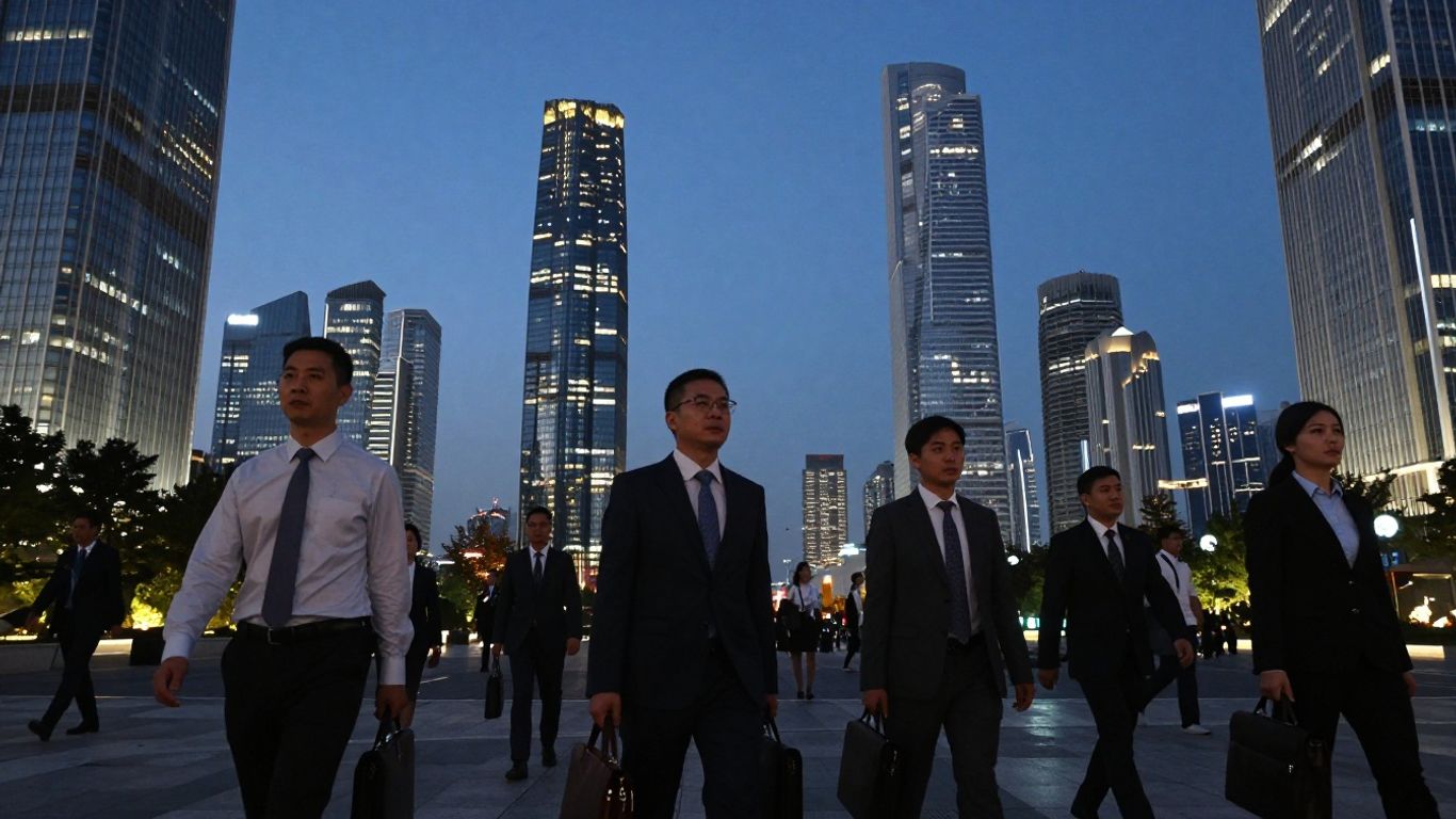 Chinese cityscape with business professionals, global expansion theme.