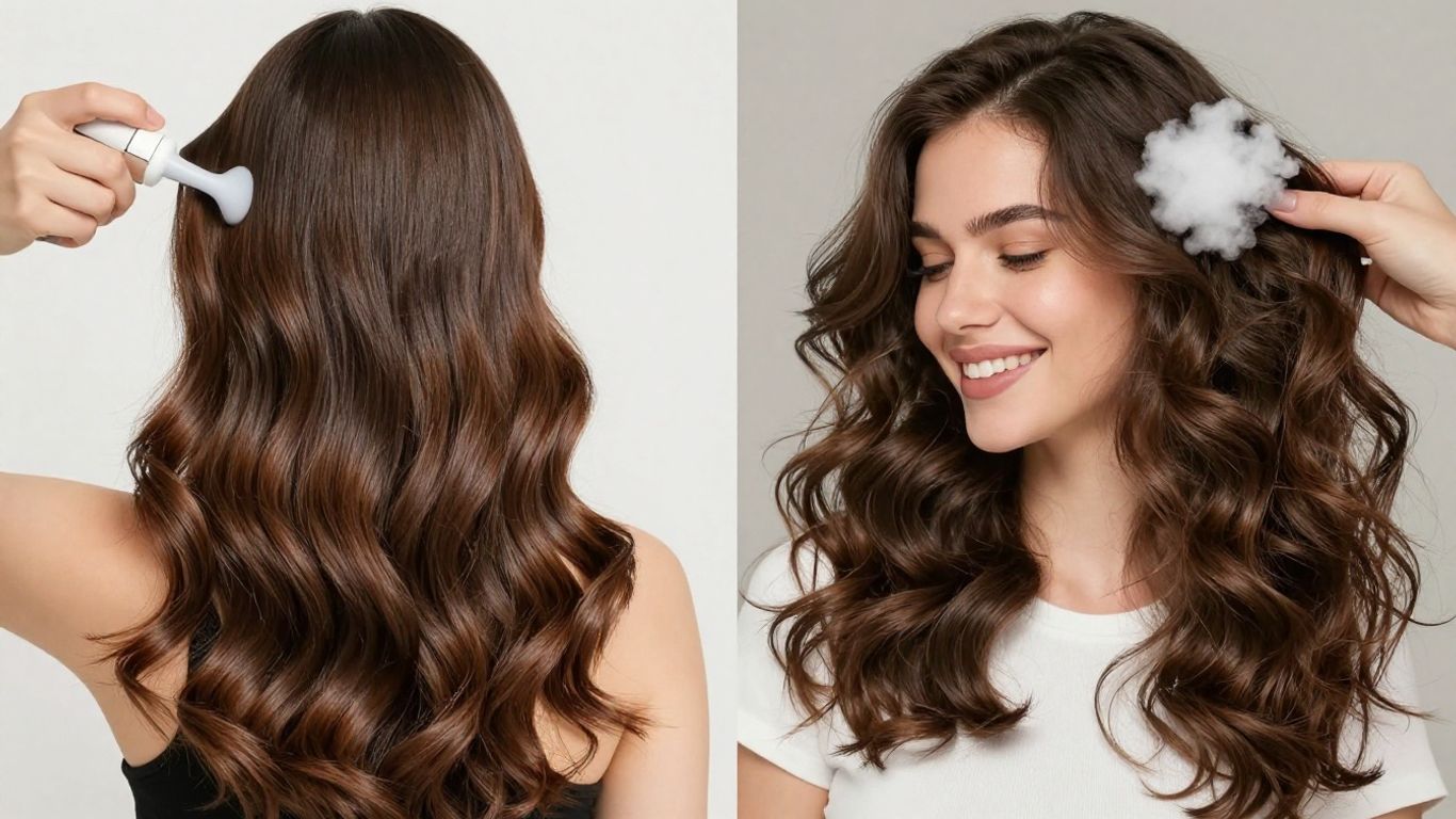 Curly hair styled with gel versus mousse comparison.