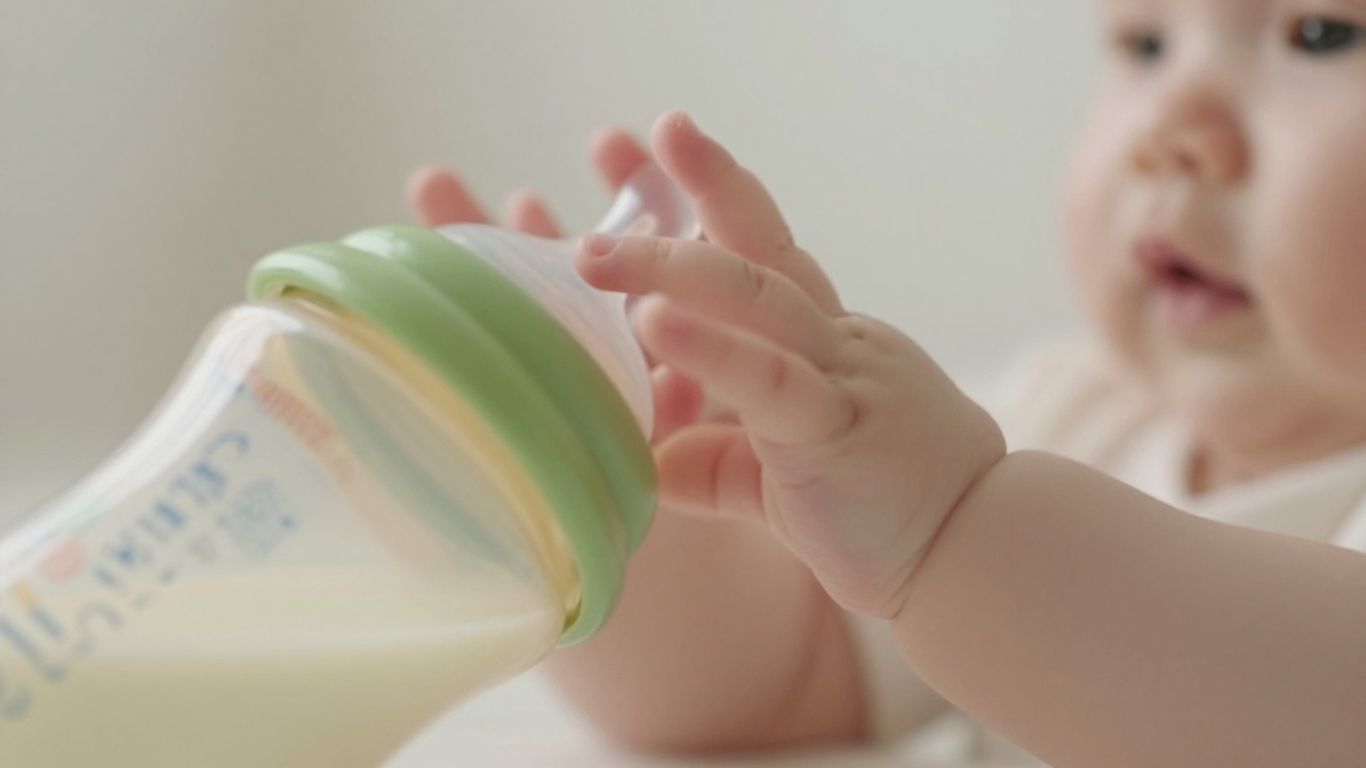 Manos de bebé alcanzando una botella de leche de fórmula.