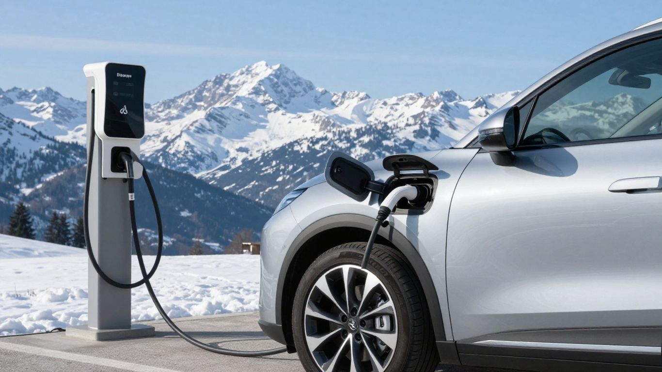 Elektroauto lädt in malerischer Schweizer Berglandschaft.