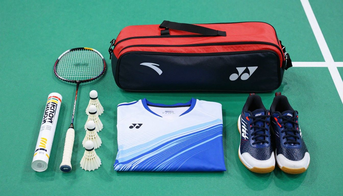 Badminton racket, shoes, shirt, shuttlecocks, and bag on a court.
