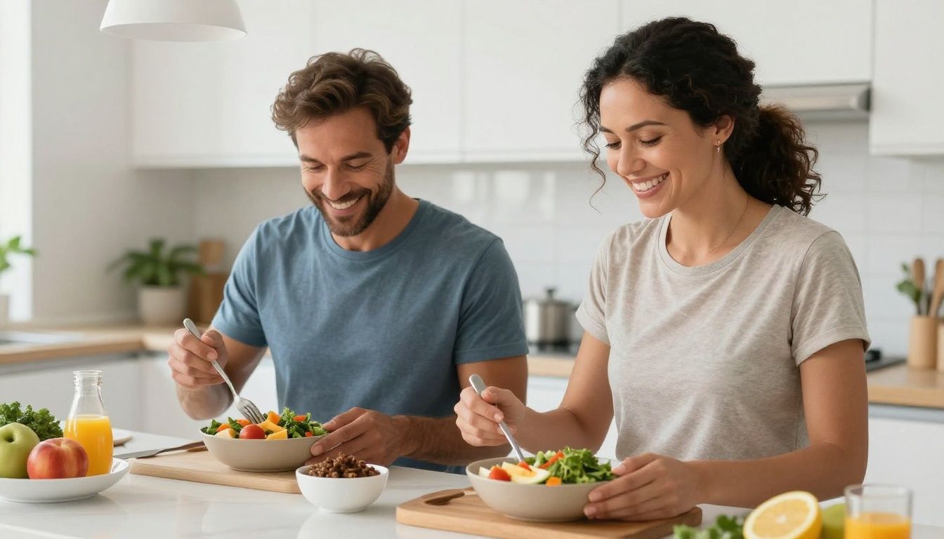 A vibrant, healthy-looking man and woman in their 40s, of diverse ethnicities, smiling as they prepare a protein-rich meal in a bright, modern kitchen after a workout.