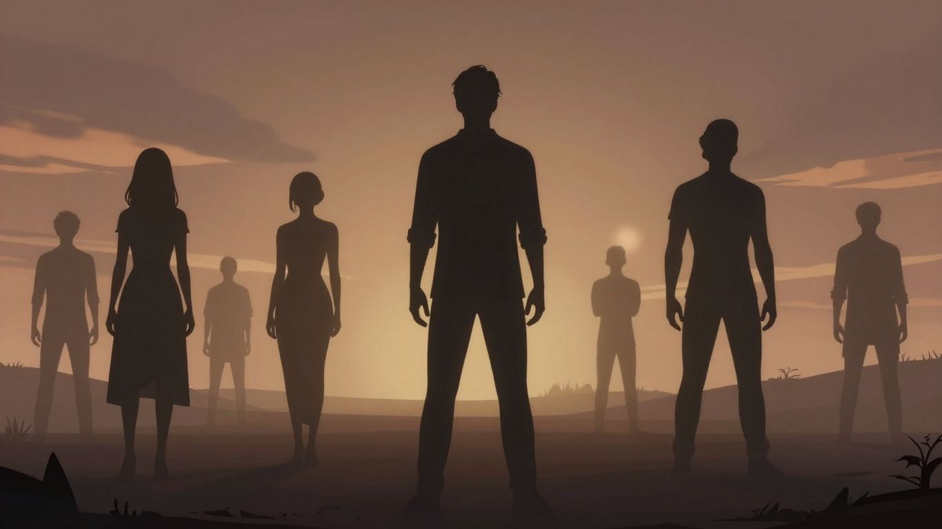 Ethereal silhouettes of entertainment figures in a twilight setting.