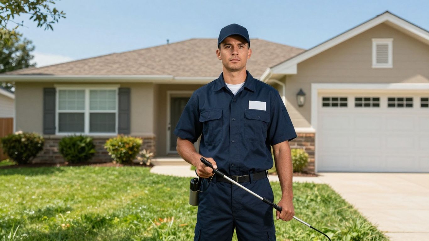 Pest control technician spraying in front of a house.