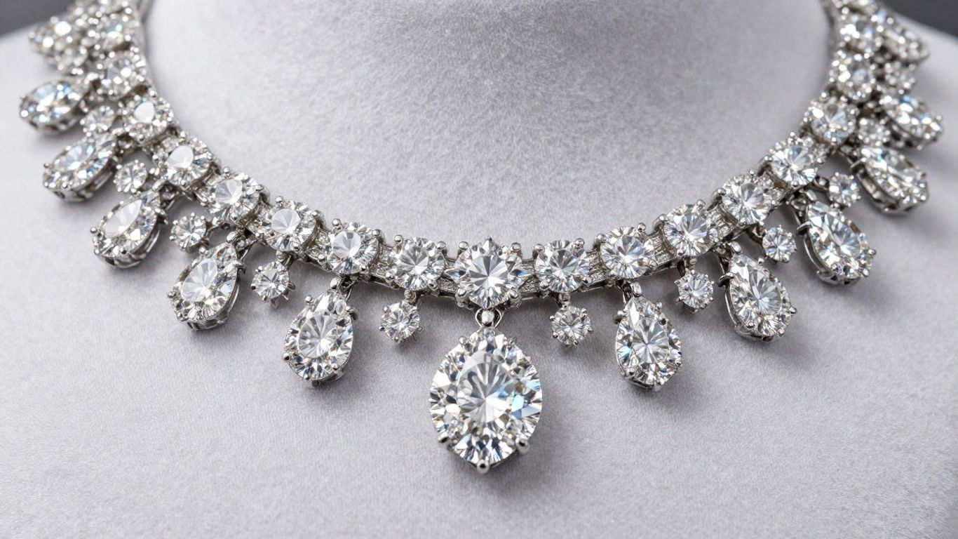 Sparkling diamond necklace and earrings on luxurious fabric.