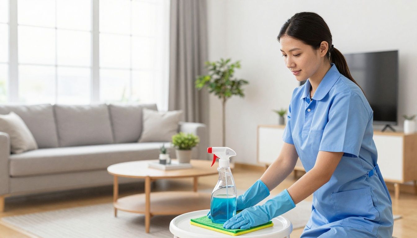 A professional cleaner using eco-friendly products during a detailed home cleaning service