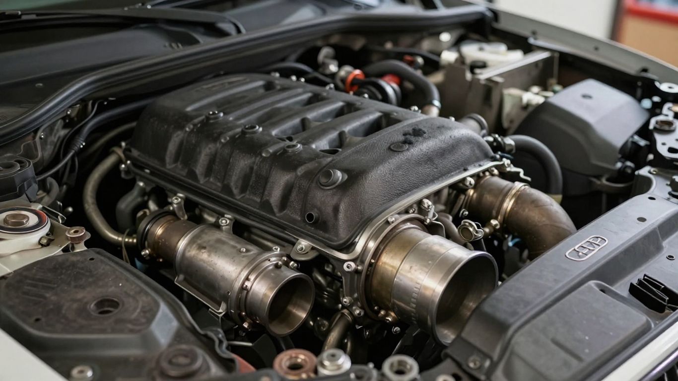 Audi engine bay showing exhaust manifold inspection