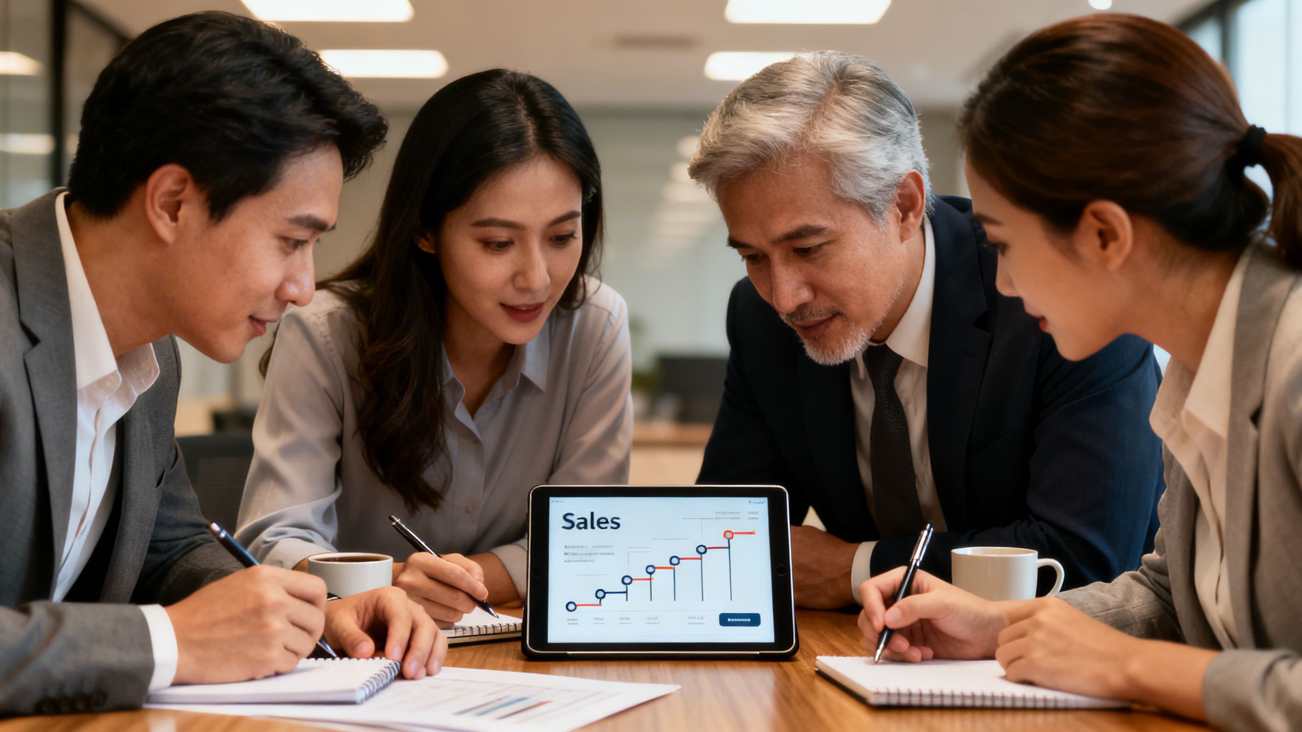 A professional services team collaborating around a tablet displaying a sales pipeline.
