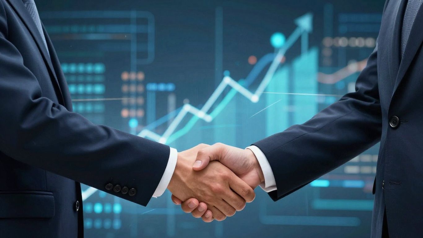 Business professionals shaking hands, digital growth concept.