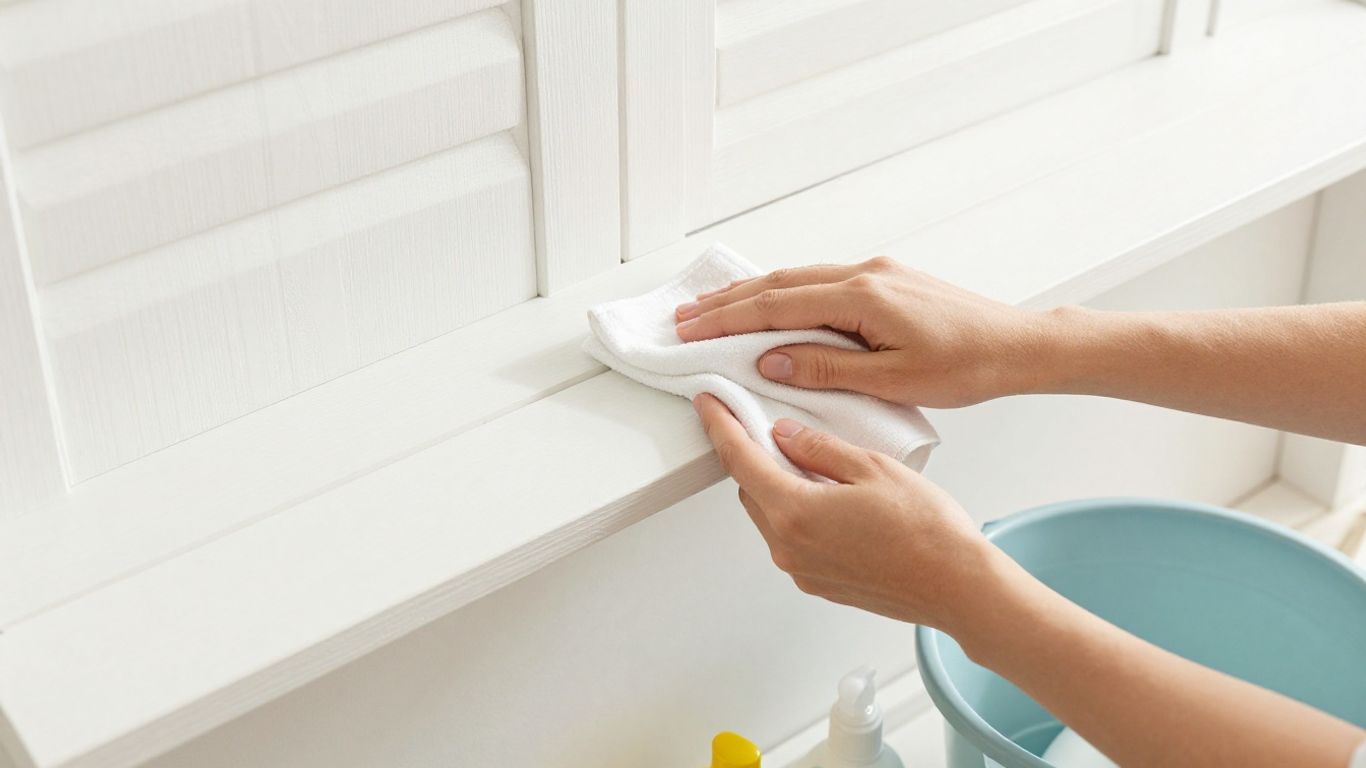 Cleaning white wood plantation shutters with a cloth