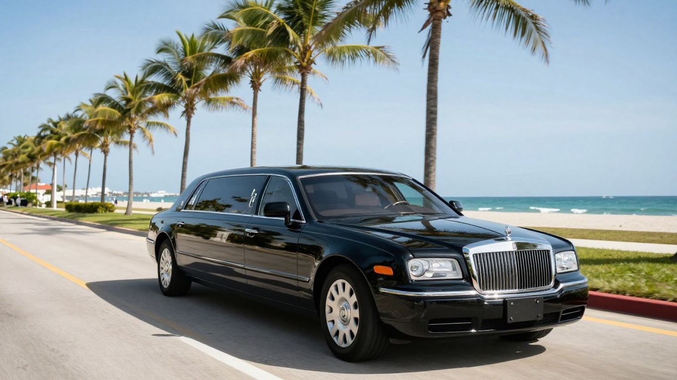 Luxury limousine driving on a sunny West Palm Beach road.