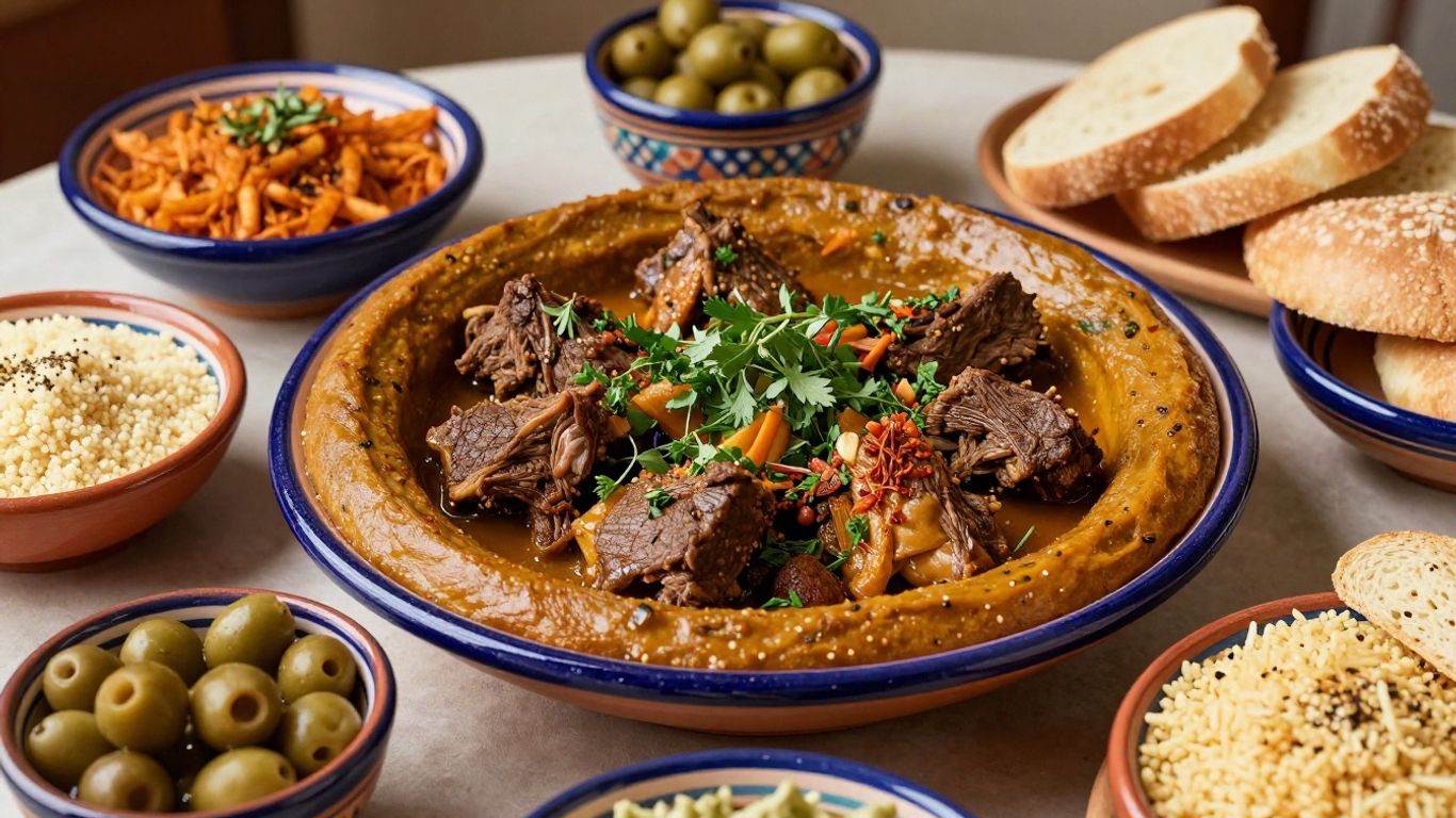 Moroccan lamb and beef tagines with colorful side dishes