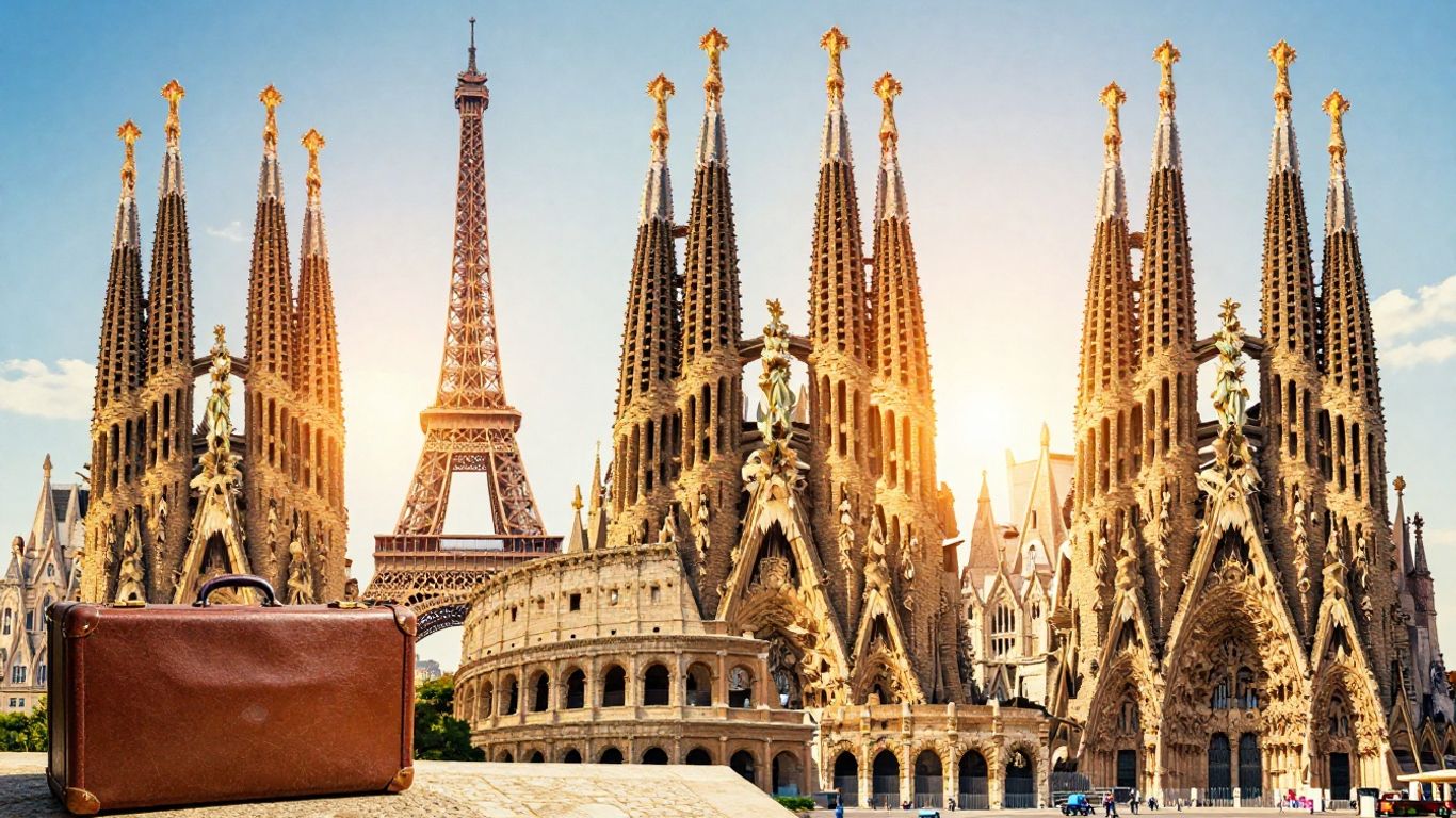 European landmarks and a suitcase for travel.