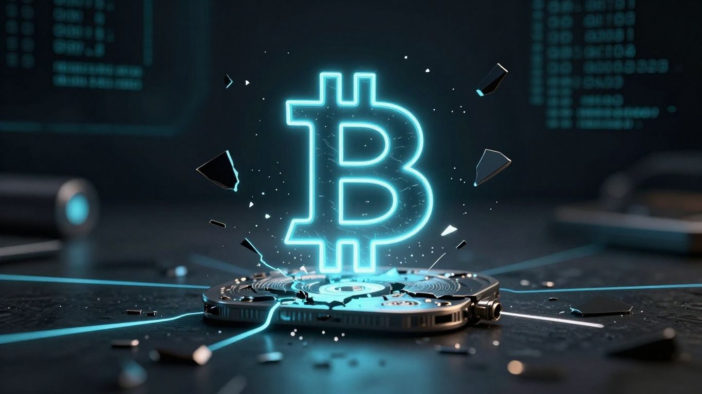 Cracked hardware wallet with dissolving Bitcoin symbol.