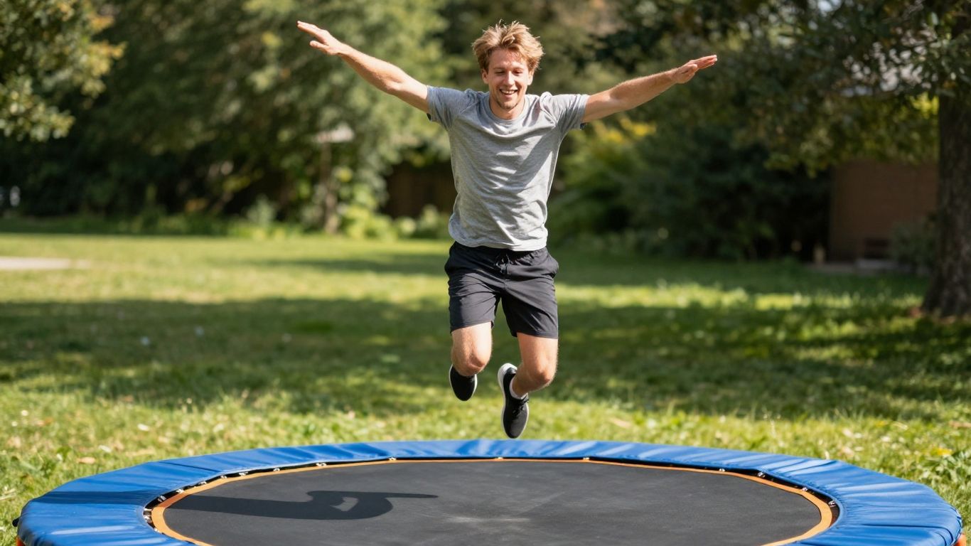 Adult jumping on a trampoline for exercise.