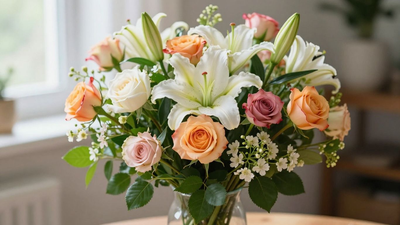 Fresh flower bouquet with roses and lilies.