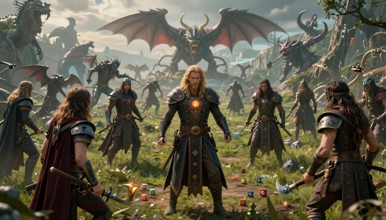 Cena de combate estratégico em um RPG de fantasia, com dados rúnicos brilhantes, personagens reunidos em um campo de batalha e inimigos mágicos ao fundo
