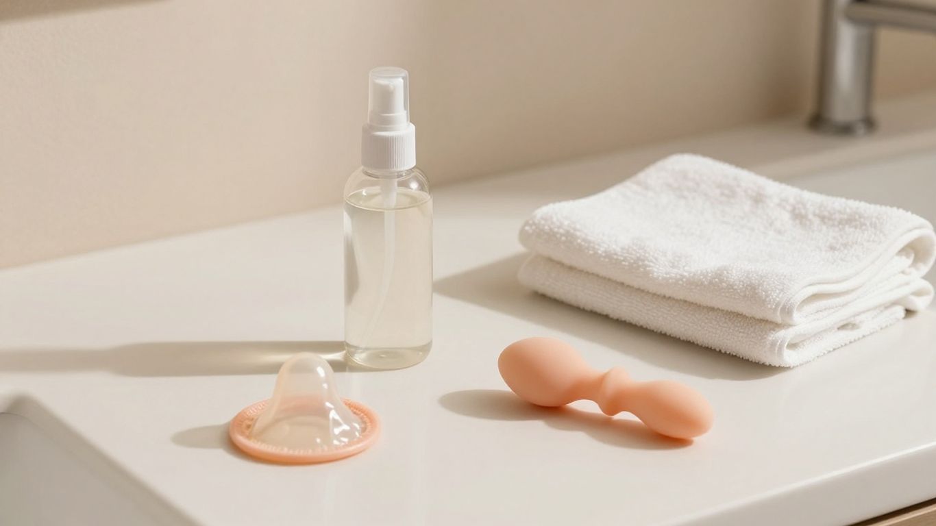 A personal lubricant bottle beside condoms and toys