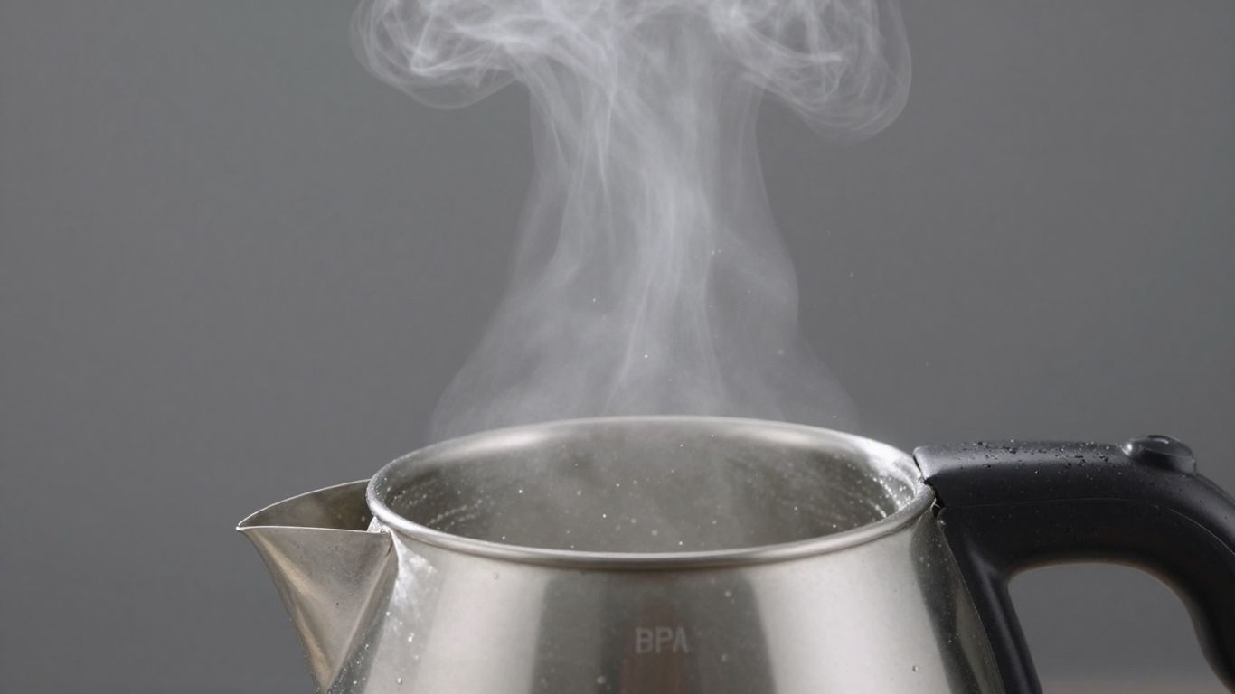 Plastic kettle with steam and visible microplastic particles.