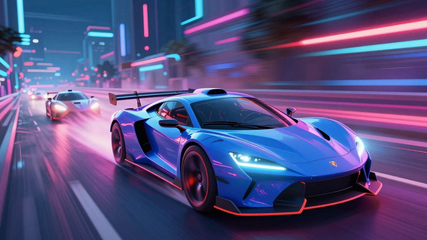 Illustrative game scene of futuristic cars racing on a neon track.