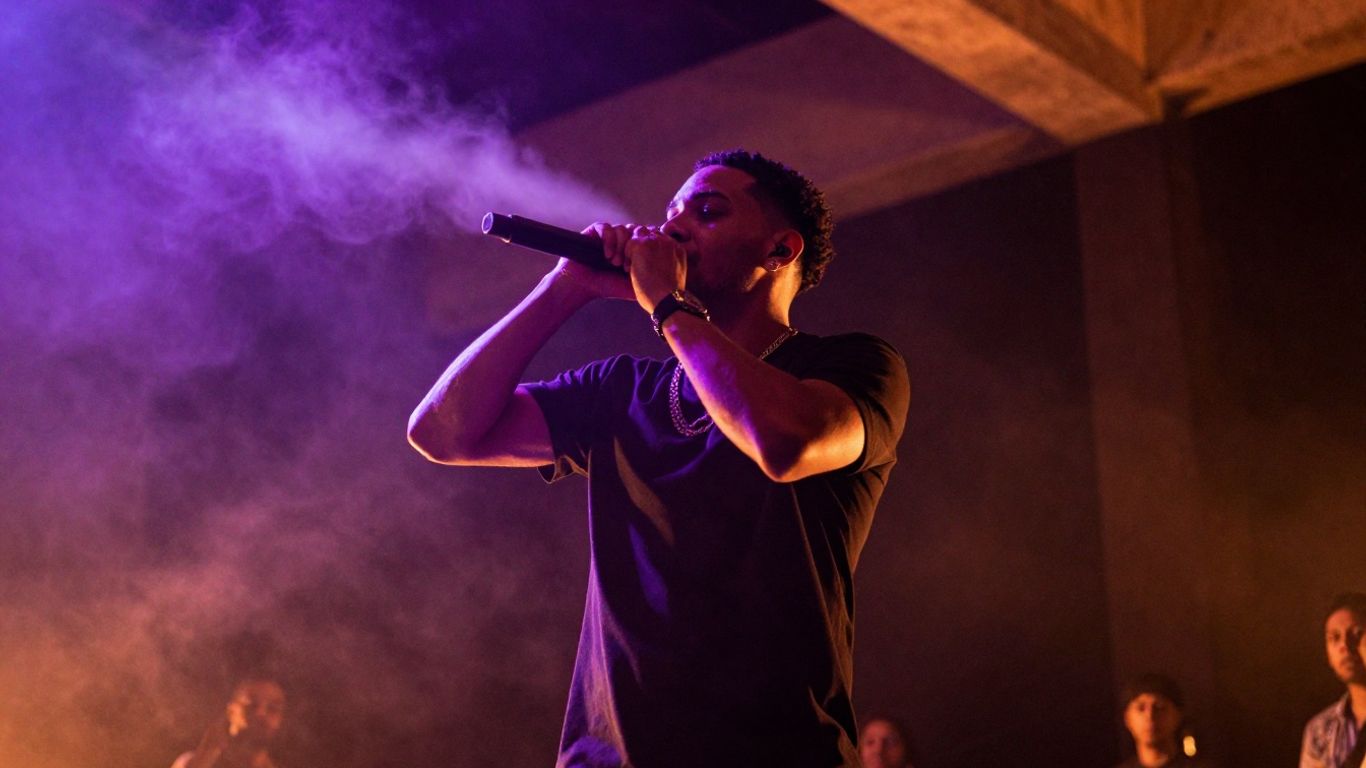 Vertical video of a rapper performing live
