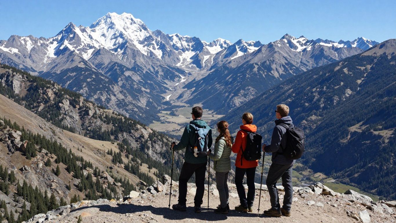 Families exploring mountain vistas