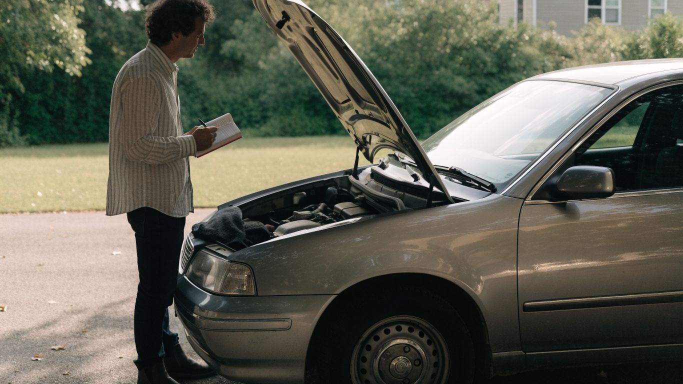 Driver noting engine symptoms beside a parked vehicle