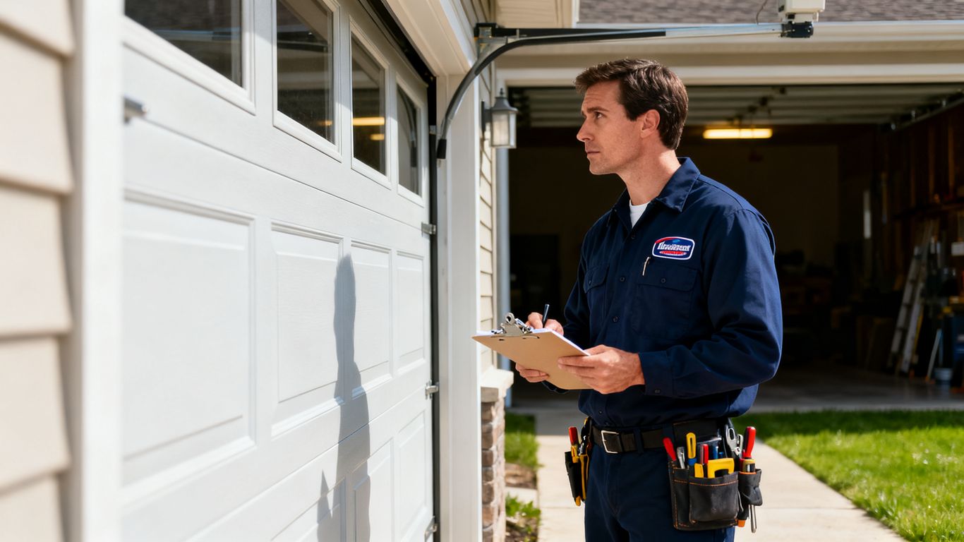 Garage door repair technician working outside on an emergency service call