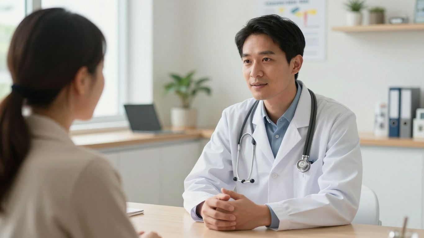 Doctor consulting patient in bright Singapore clinic