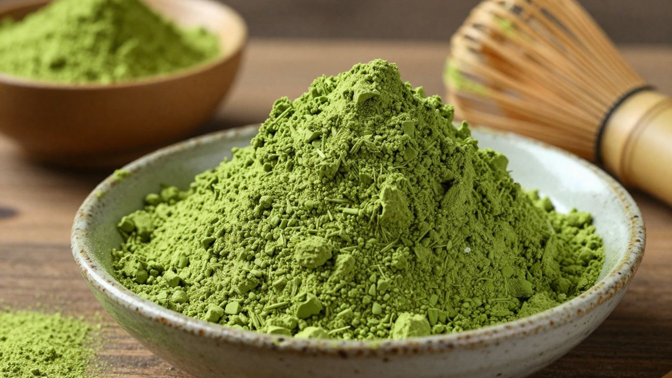 Green matcha powder in a bowl with a whisk.