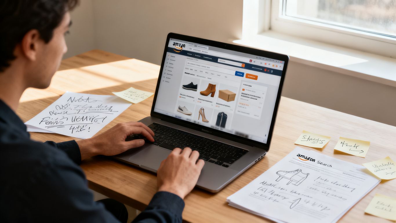 Researcher studying Amazon keyword ideas beside product packaging