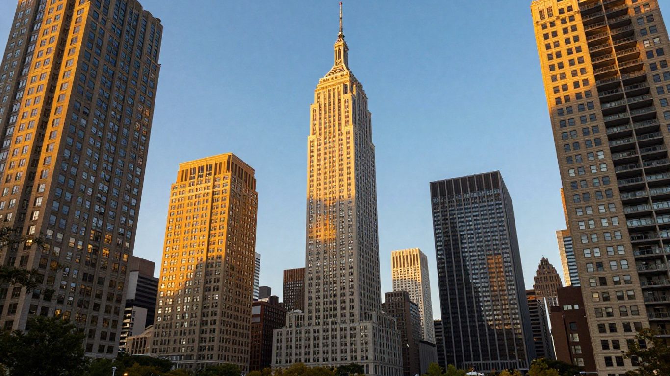 Cityscape with skyscrapers at sunrise, symbolizing market growth.