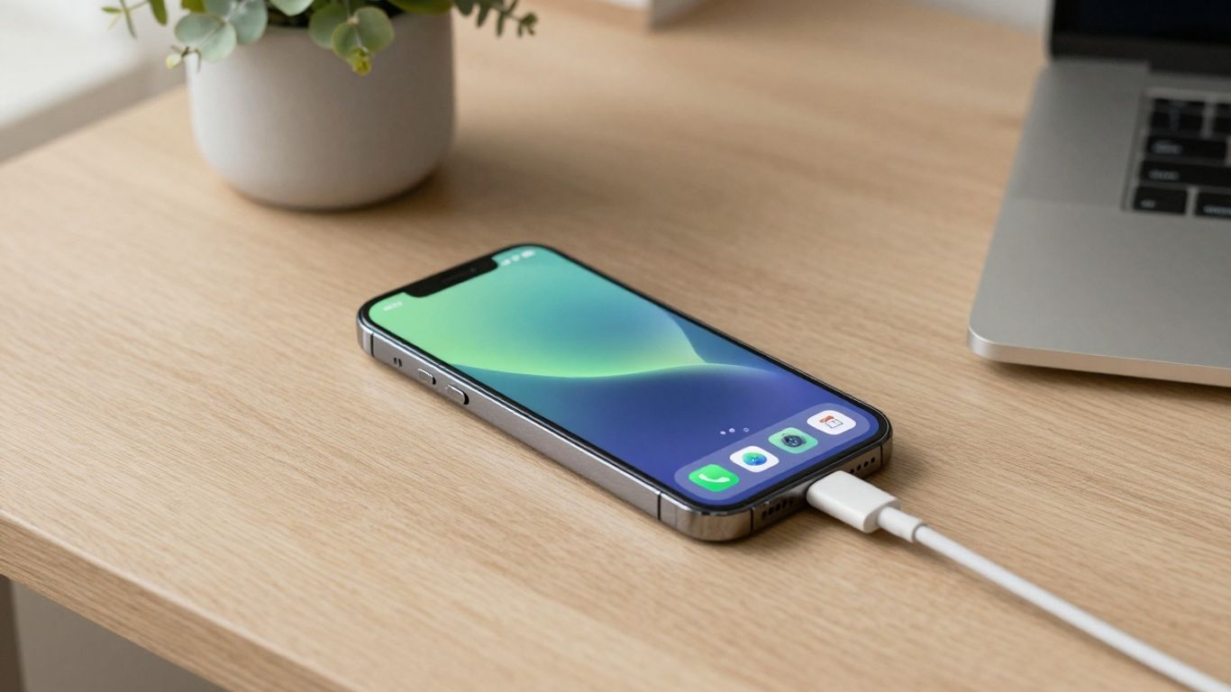 Phone displaying battery settings beside charger