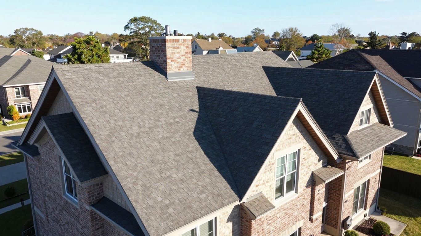 Aerial view of a complex residential roof.