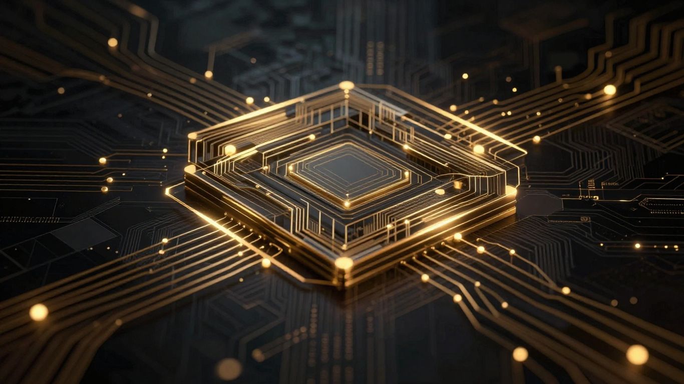 Futuristic digital compliance with gold accents.