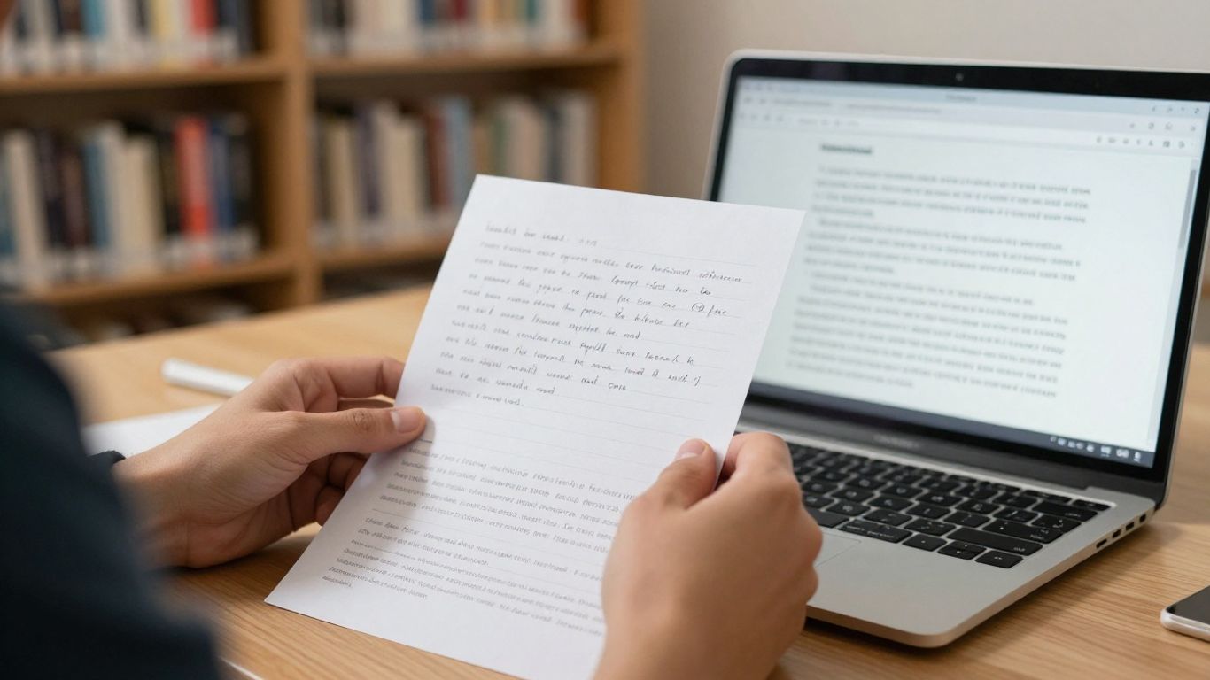 A reader comparing notes beside source documents