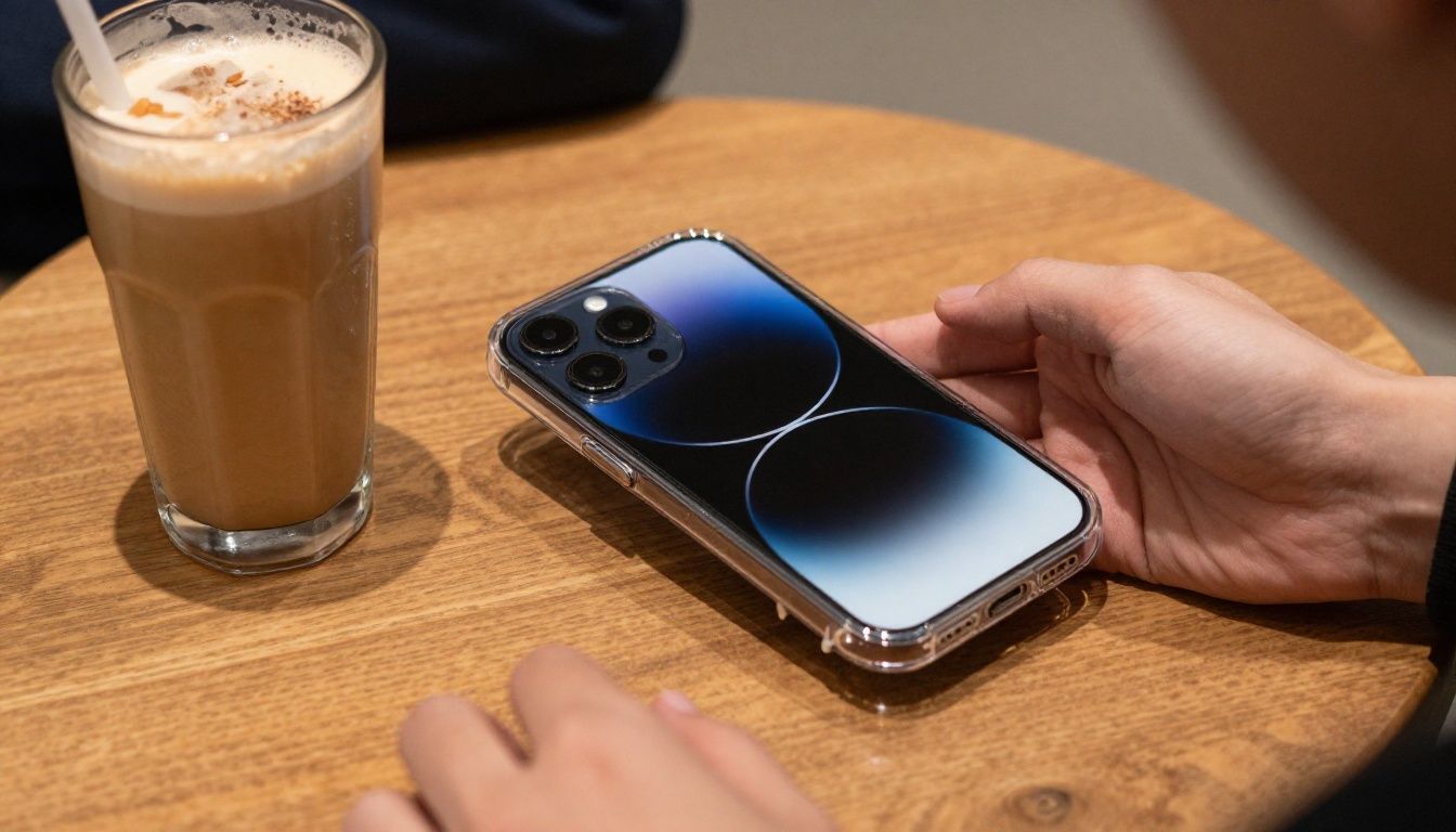 A person sitting at a Melbourne laneway cafe, placing their iPhone 17 Pro in a slim, clear case onto a timber table beside their flat white.