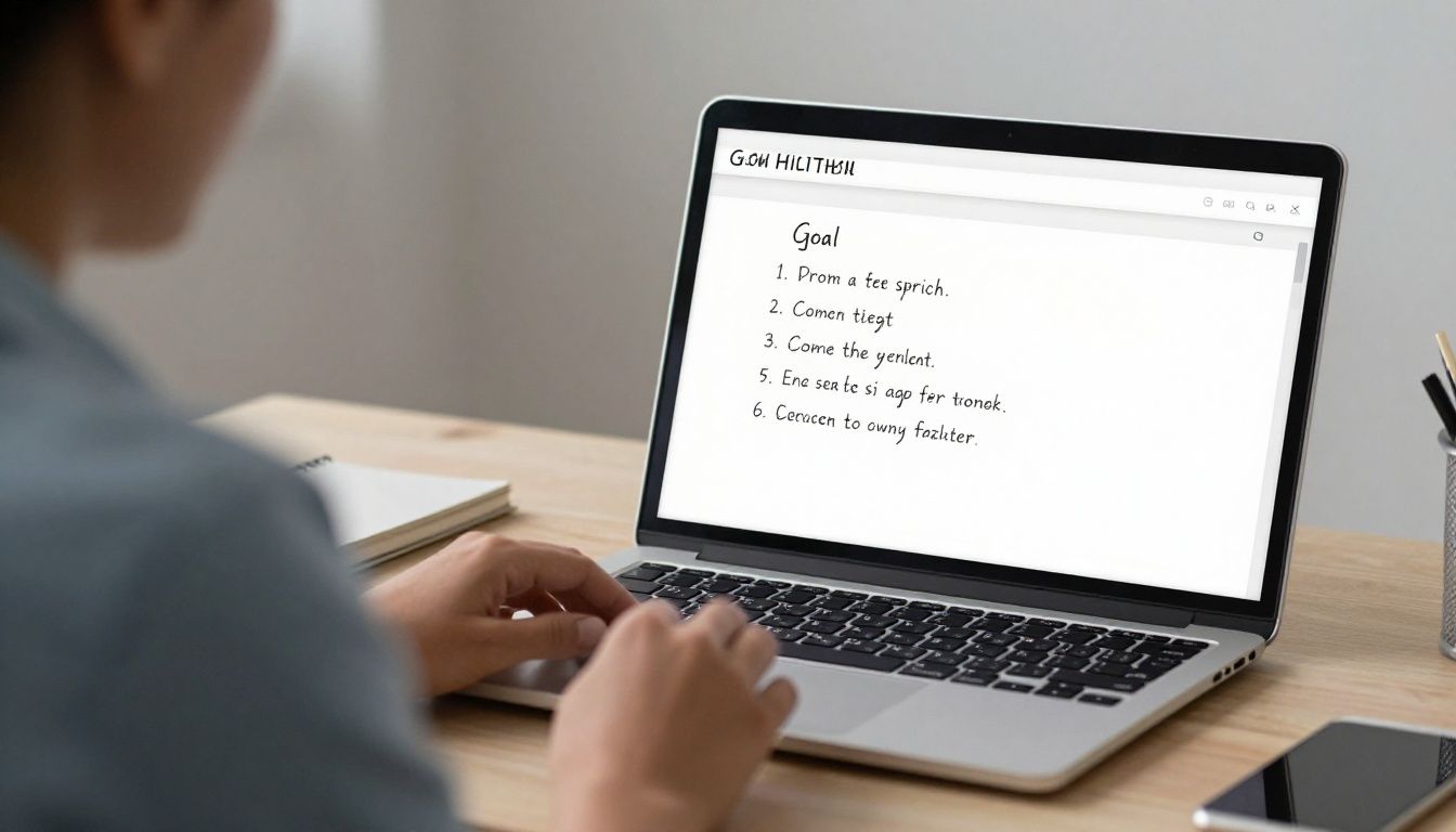 A diverse high-performing professional reviewing a simple handwritten goal tracker beside a laptop in a calm, organized workspace, with no visible text or letters