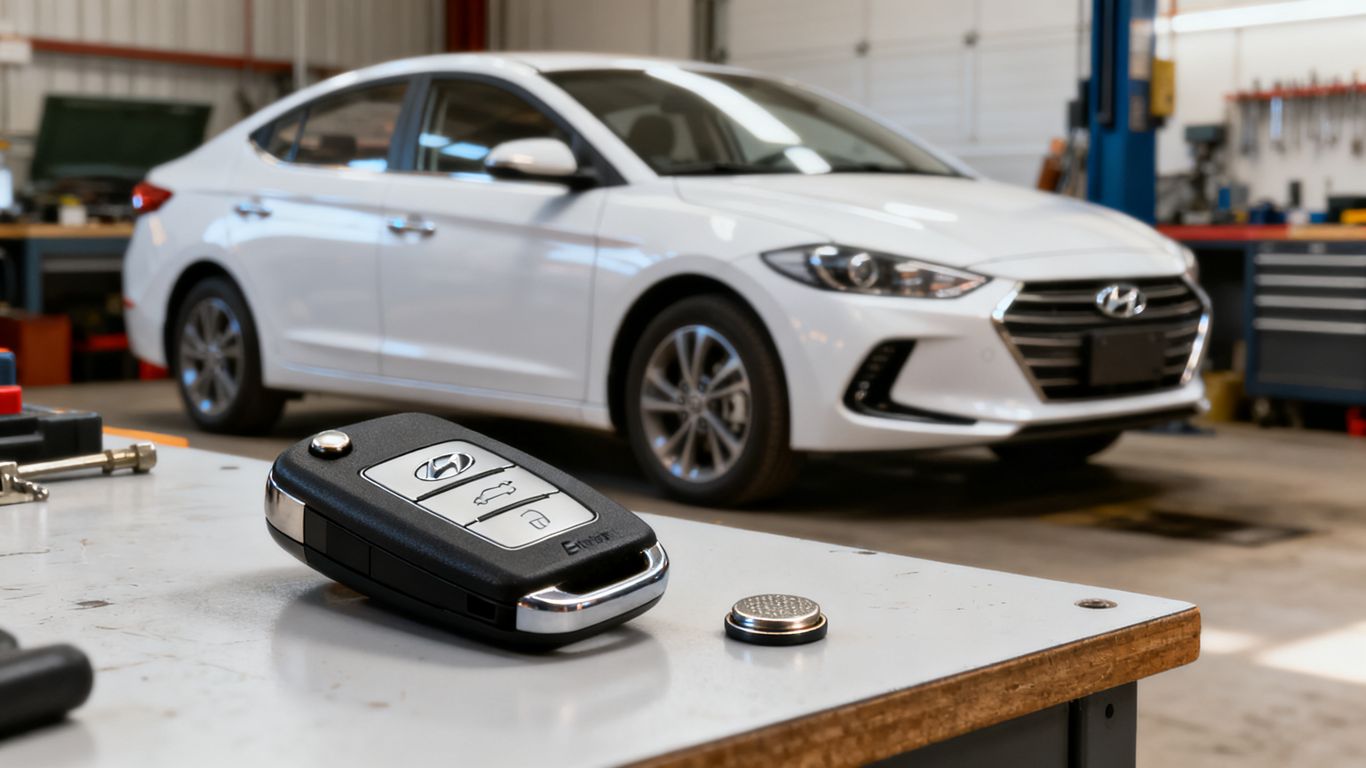 Close-up of Hyundai Elantra key fob beside car