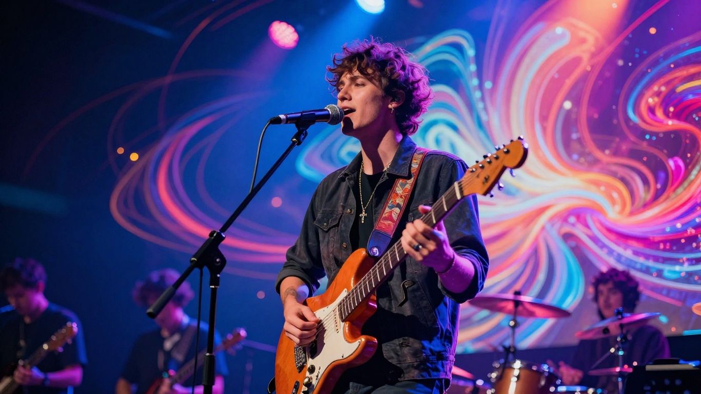 Musician performing with abstract AI visuals.