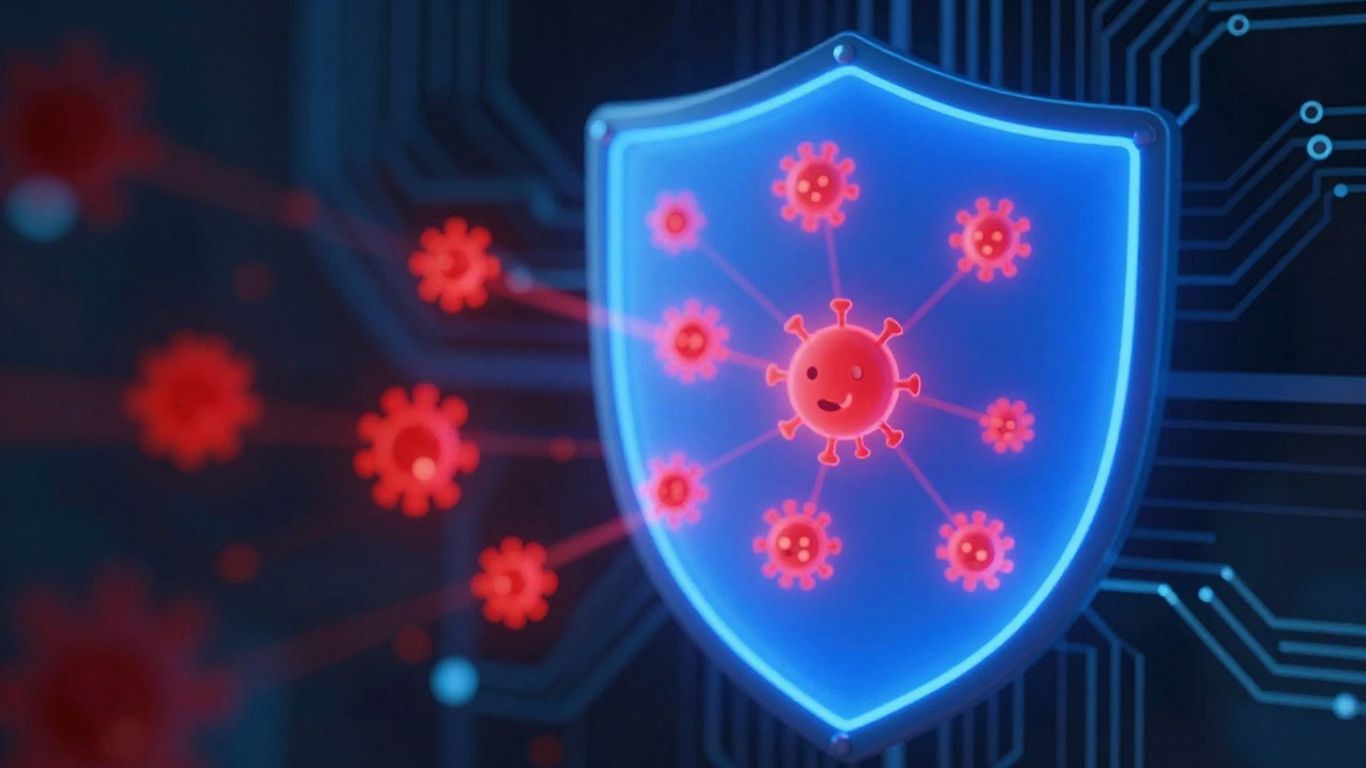 Digital shield blocking malware icons, secure network background.