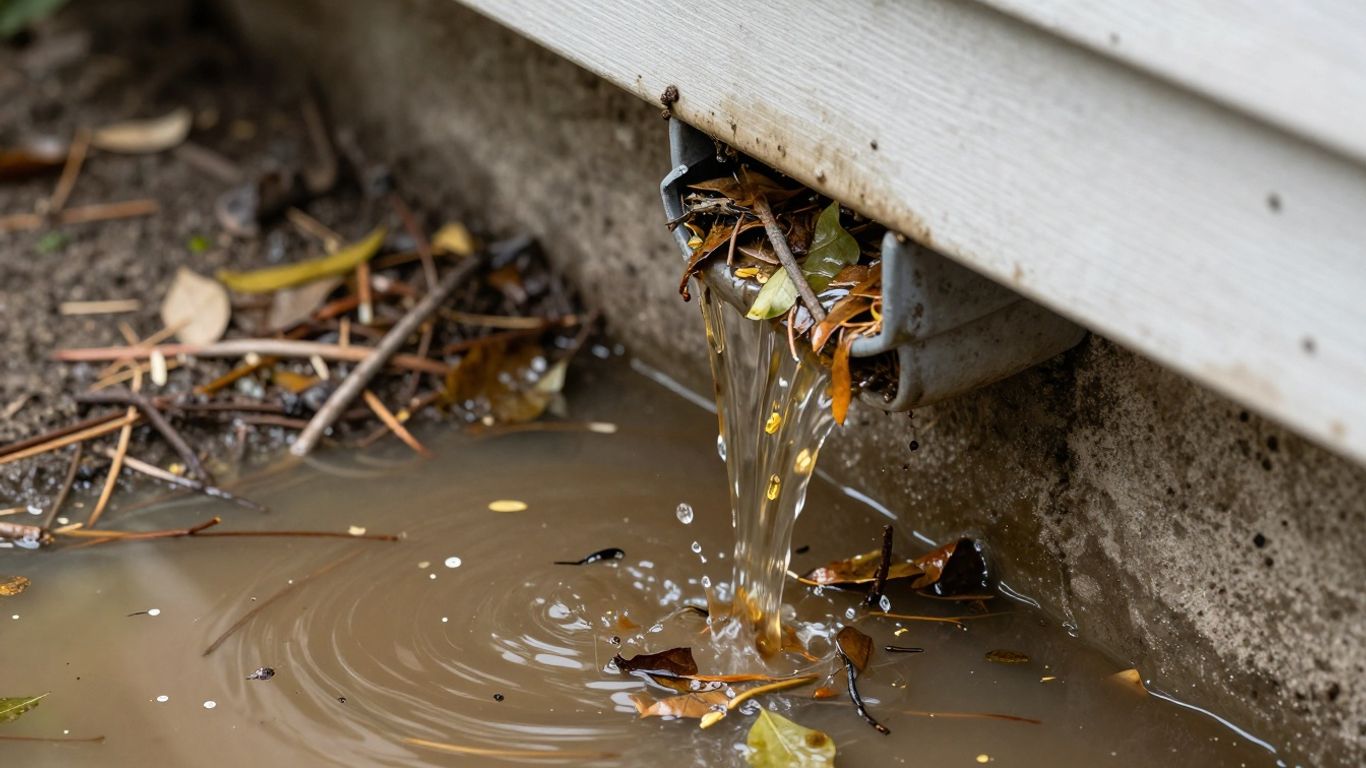 Clogged gutters with standing water and debris.